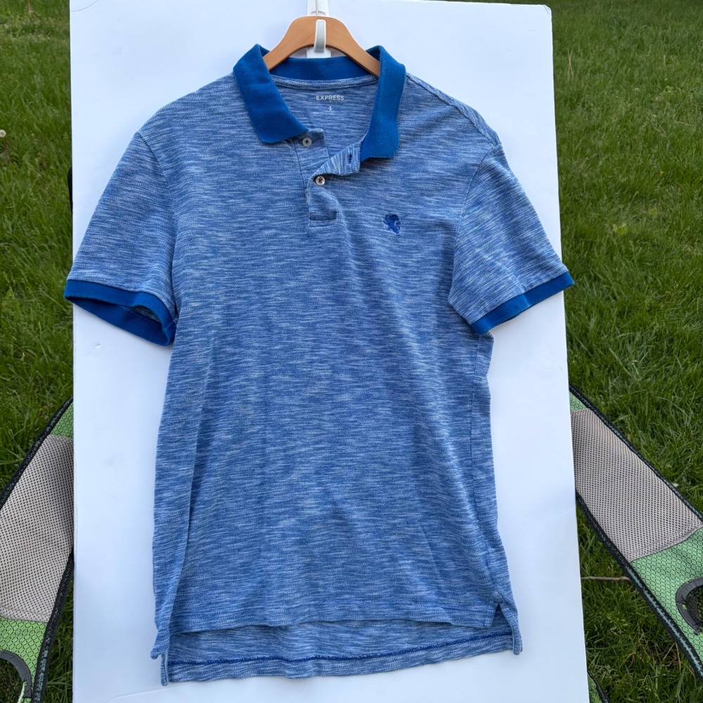 Express Mens Space Dye Polo Shirt Blue White Cotton Short Sleeve‎ Lion Logo M